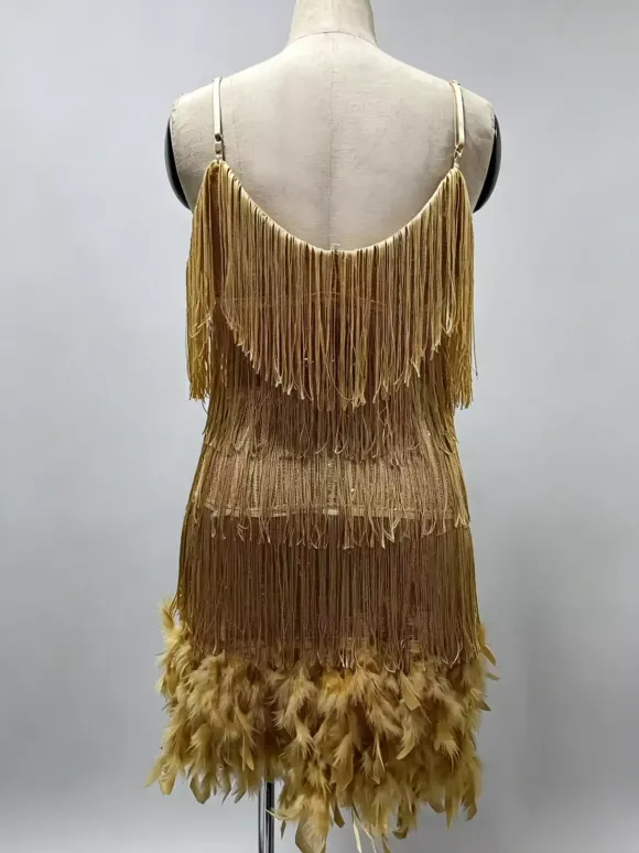 Club Dress Dark Green Straps Neck Fringe Sleeveless Polyester Backless Sexy Dress