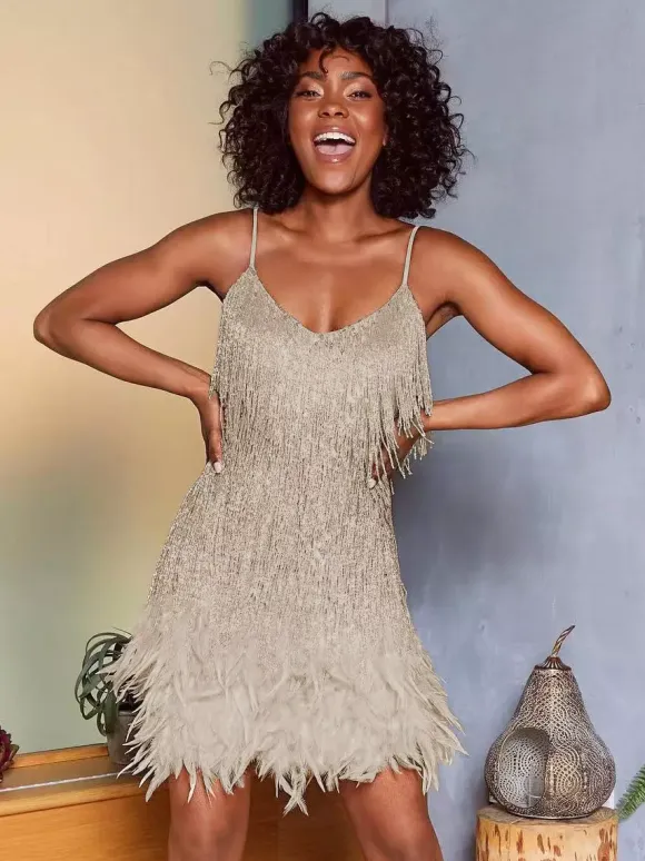 Club Dress Dark Green Straps Neck Fringe Sleeveless Polyester Backless Sexy Dress
