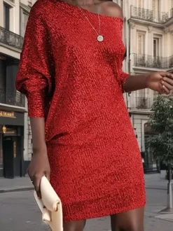 Club Dress For Women Asymmetrical Neck Sexy Sequins Long Sleeves White Sexy Dress