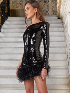 Club Dress For Women Black Asymmetrical Neck Sequins Long Sleeves Sexy Dress