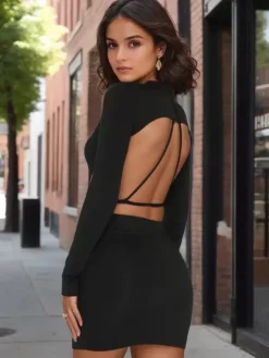 Club Dress For Women Black Jewel Neck Long Sleeves Polyester Backless Sexy Dress