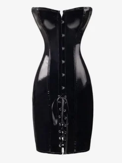 Club Dress For Women Black Strapless Lace Up Sleeveless PU Leather Sexy Dress