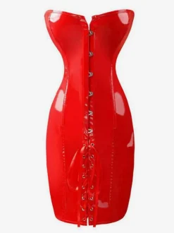 Club Dress For Women Black Strapless Lace Up Sleeveless PU Leather Sexy Dress