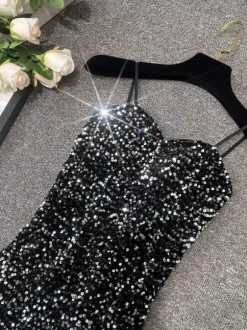 Club Dress For Women Black Straps Neck Sequins Sleeveless Polyester Sexy Dress