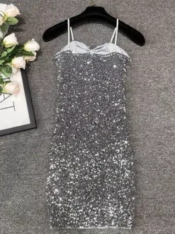 Club Dress For Women Black Straps Neck Sequins Sleeveless Polyester Sexy Dress