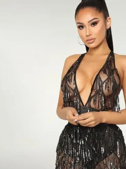 Club Dress For Women Black V-Neck Fringe Sleeveless Sexy Dress