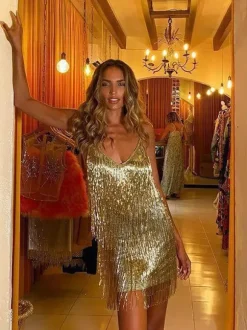 Club Dress For Women Gold V-Neck Fringe Sleeveless Backless Sexy Dress