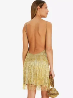 Club Dress For Women Gold V-Neck Fringe Sleeveless Backless Sexy Dress