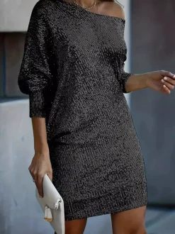 Club Dress For Women Jewel Neck Elegant Long Sleeves Shaping Black Sexy Dress