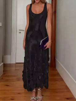 Club Dress For Women Jewel Neck Sexy Ruffles Sleeveless Gold Sexy Dress