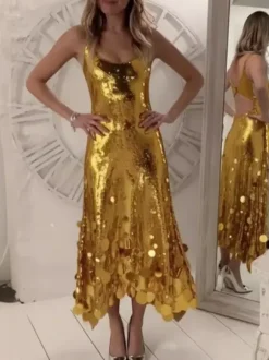 Club Dress For Women Jewel Neck Sexy Ruffles Sleeveless Gold Sexy Dress