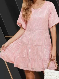 Club Dress For Women Rose Jewel Neck Sequins Half Sleeves Sexy Dress