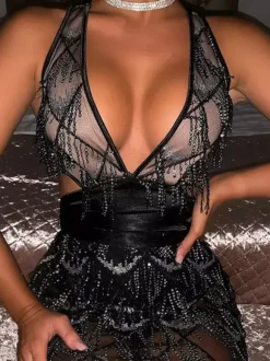 Club Dress For Women Sexy Fringe Sleeveless Black Sexy Dress