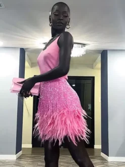 Club Dress For Women U-Neck Sexy Fringe Sleeveless Pink Sexy Dress