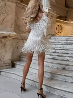 Club Dress For Women V-Neck Chic Sequins Sleeveless Polyester Backless Silver Sexy Dress