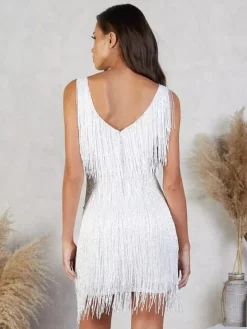 Club Dress For Women V-Neck Chic Sequins Sleeveless Polyester Backless Silver Sexy Dress