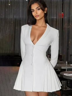Club Dress For Women V-Neck Sexy Long Sleeves Polyester White Sexy Dress