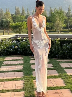 Club Dress For Women White V-Neck Flowers Sleeveless Backless Sexy Dress