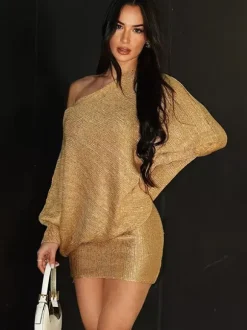 Club Dress Gold Notched Neckline Long Sleeves Asymmetrical Sexy Dress
