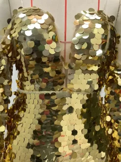 Club Dress Gold Straps Neck Sequins Long Sleeves Polyester Backless Sexy Dress