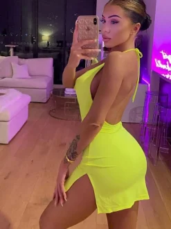 Club Dress Halter Neck Split Front Sleeveless Lycra Spandex Stretch Red Sexy Dress