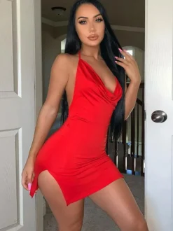 Club Dress Halter Neck Split Front Sleeveless Lycra Spandex Stretch Red Sexy Dress