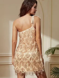 Club Dress Straps Neck Sexy Fringe Sleeveless Geometric Champagne Sexy Dress