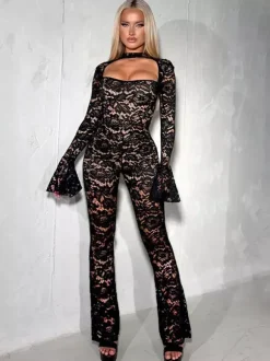 Club Jumpsuit Casual Polyester Long Sleeves Halter Lace Clubwear