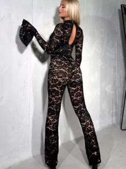 Club Jumpsuit Casual Polyester Long Sleeves Halter Lace Clubwear