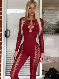 Club Jumpsuit Jewel Neck Cut Out Long Sleeves Sexy Clubwear
