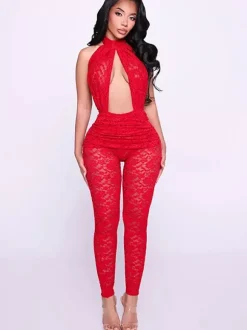 Club Jumpsuit Jewel Neck Lace Sleeveless Backless Sexy Clubwear
