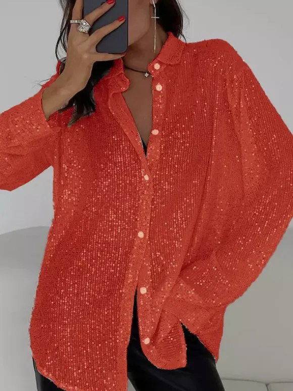 Clubwear Cardigans Trendy Turndown Collar Sequins Long Sleeves Polyester Cardigans