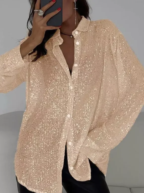 Clubwear Cardigans Trendy Turndown Collar Sequins Long Sleeves Polyester Cardigans