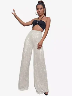 Clubwear High Waist Sequin Wide Leg Pants Shiny Glitter Palazzo Trousers