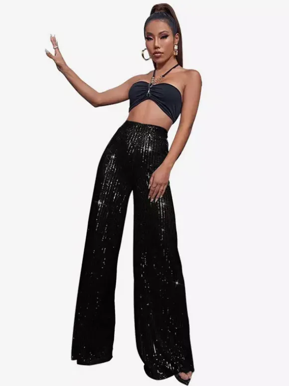 Clubwear High Waist Sequin Wide Leg Pants Shiny Glitter Palazzo Trousers