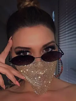 Clubwear Stylish Rhinestones Geometric Mesh Sparkling Crystal Chain Face Mask