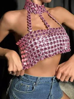 Clubwear Top Fashion Strapless Chains Geometric Halter Backless Top