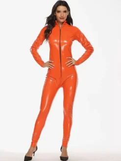 Clubwear Tops Fashion Jewel Neck Zipper Long Sleeves PU Leather Pole Dance Suits