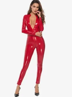 Clubwear Tops Fashion Jewel Neck Zipper Long Sleeves PU Leather Pole Dance Suits