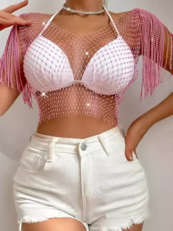 Clubwear Tops Fashion Jewel Neck Rhinestones Nylon Plaid Tops