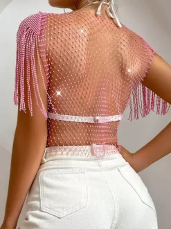 Clubwear Tops Fashion Jewel Neck Rhinestones Nylon Plaid Tops