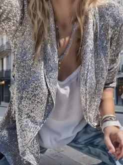 Clubwear Tops Fashion Turndown Collar Sequins Long Sleeves Blazers Cardigans
