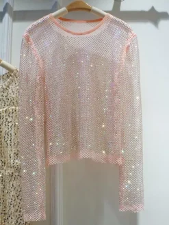 Clubwear Tops Sexy Jewel Neck Rhinestones Long Sleeves Polyester Clothes