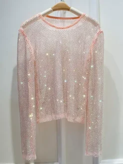 Clubwear Tops Sexy Jewel Neck Rhinestones Long Sleeves Polyester Clothes