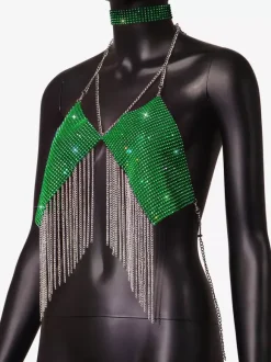 Clubwear Top Straps Halter Neck Chains Rhinestones Geometric Backless Tops