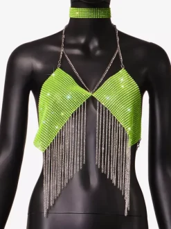 Clubwear Top Straps Halter Neck Chains Rhinestones Geometric Backless Tops