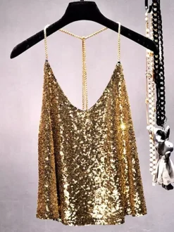 Clubwear Top Trendy Straps Neck Sequins Chains Sleeveless Backless Tops
