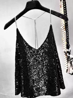 Clubwear Top Trendy Straps Neck Sequins Chains Sleeveless Backless Tops