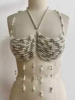 Clubwear Top Unique Halter Chains Backless Pearls Tops