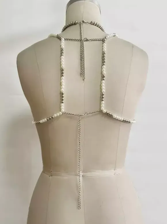 Clubwear Top Unique Halter Chains Backless Pearls Tops